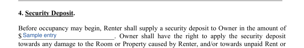Room Rental Agreement: 4. Security Deposit, filled with sample entries