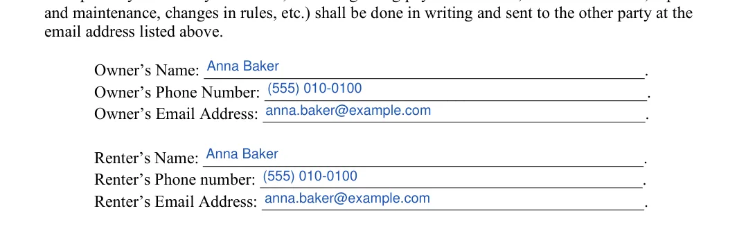 Room Rental Agreement: Owner's name, Owner's phone number and more, filled with sample entries