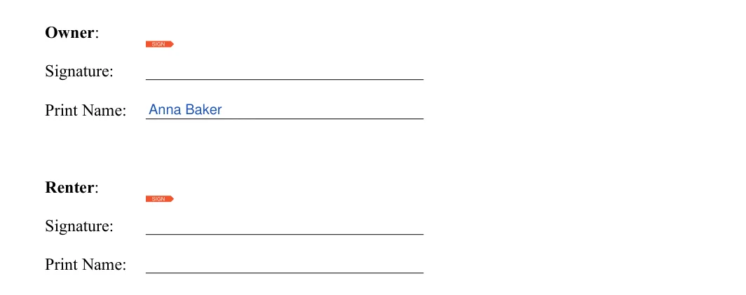 Room Rental Agreement: Owner, filled with sample entries