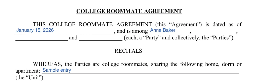 College Roommate Agreement: COLLEGE ROOMMATE AGREEMENT, filled with sample entries