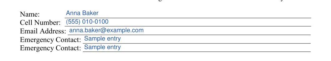 College Roommate Agreement: Name, filled with sample entries