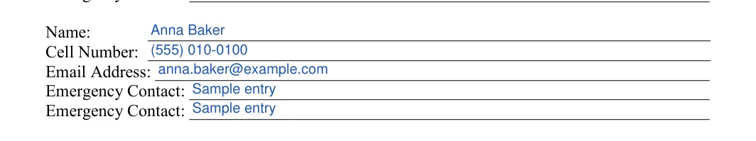 College Roommate Agreement: Name, filled with sample entries