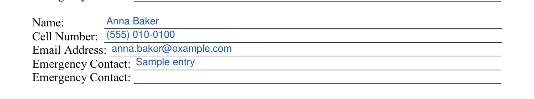 College Roommate Agreement: Name, filled with sample entries