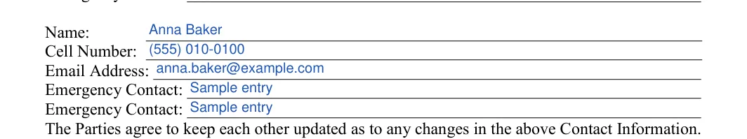College Roommate Agreement: Name, filled with sample entries