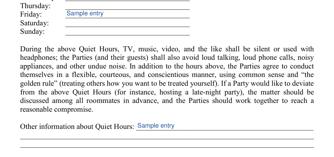 College Roommate Agreement: Friday, filled with sample entries