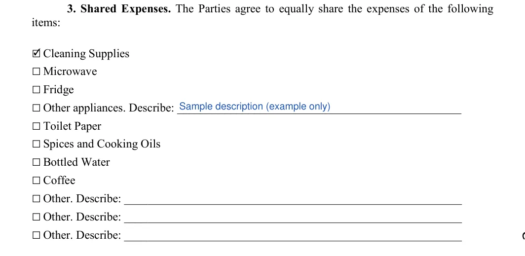 College Roommate Agreement: items, filled with sample entries