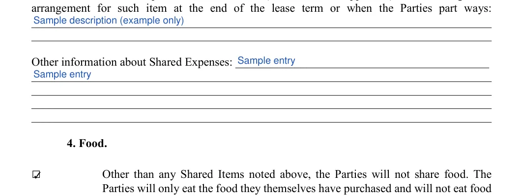College Roommate Agreement: 4. Food, filled with sample entries