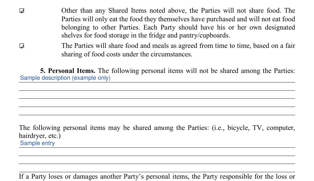 College Roommate Agreement: Initial, 5 personal items the following personal items will not be shared among the parties and more, filled with sample entries