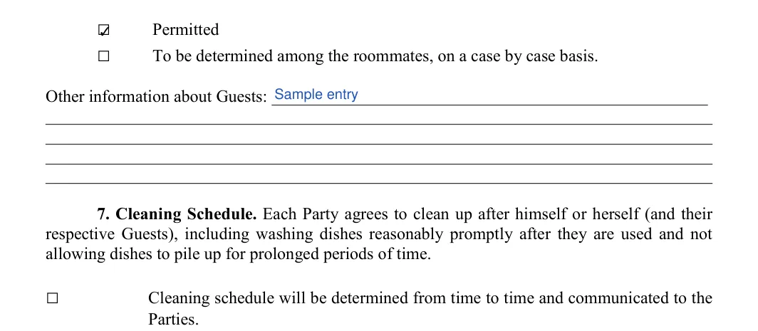 College Roommate Agreement: Initial, Other information about guests, filled with sample entries
