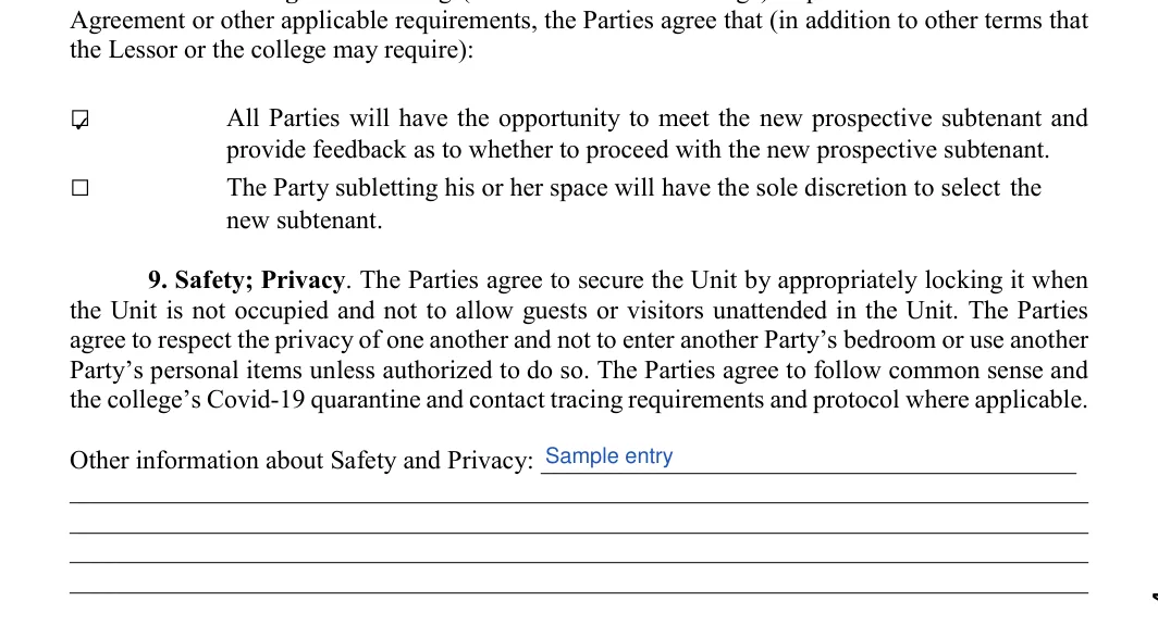 College Roommate Agreement: the Lessor or the college may require), filled with sample entries