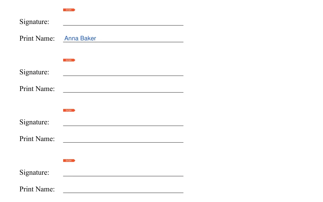 College Roommate Agreement: Signature, Print name, filled with sample entries