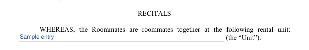 Roommate Agreement: RECITALS, filled with sample entries