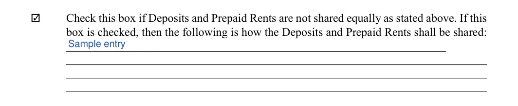 Roommate Agreement: Initial, How deposits and prepaid rents shall be shared, filled with sample entries