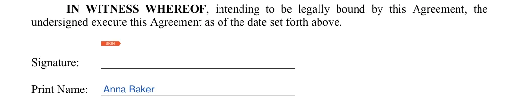 Roommate Agreement: Signature, Print name, filled with sample entries