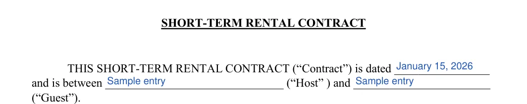 Short-Term Rental Agreement: SHORT-TERM RENTAL CONTRACT, filled with sample entries