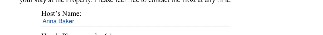 Short-Term Rental Agreement: Host’s Name, filled with sample entries
