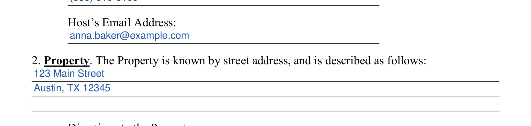 Short-Term Rental Agreement: Host’s Email Address, filled with sample entries