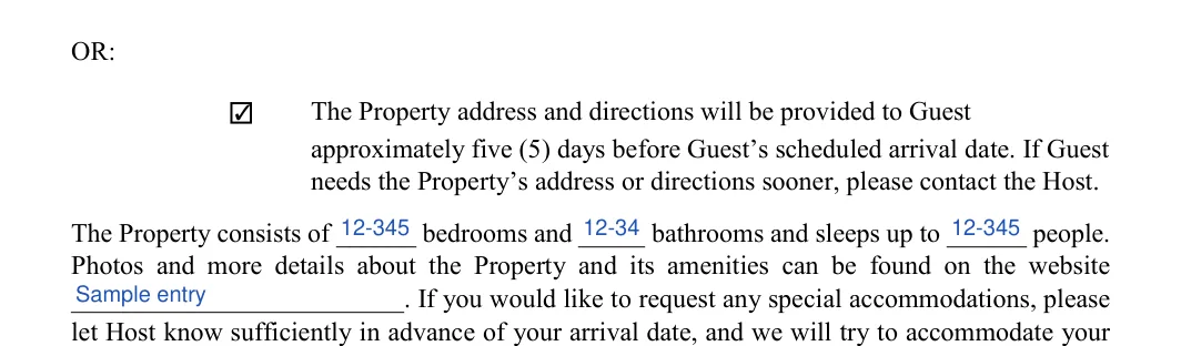 Short-Term Rental Agreement: OR, filled with sample entries