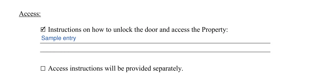 Short-Term Rental Agreement: Access, filled with sample entries