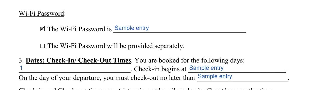 Short-Term Rental Agreement: Wi-Fi Password, filled with sample entries