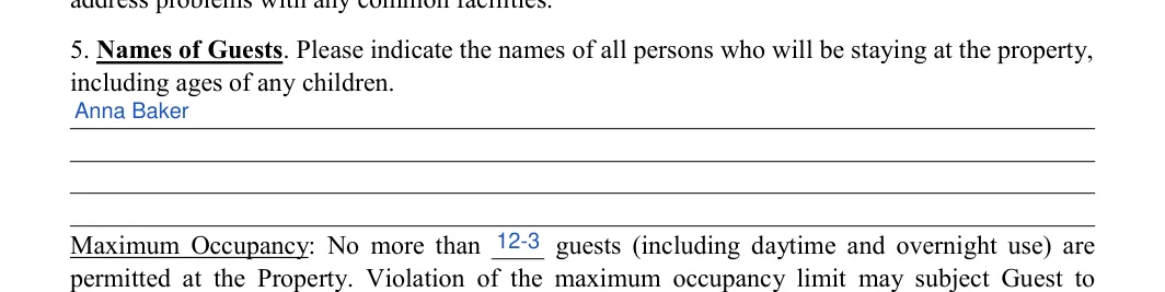 Short-Term Rental Agreement: Names, Number of guests, filled with sample entries