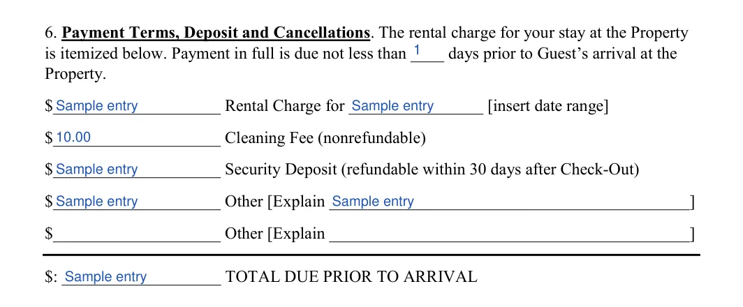 Short-Term Rental Agreement: Days, Rental charge and more, filled with sample entries