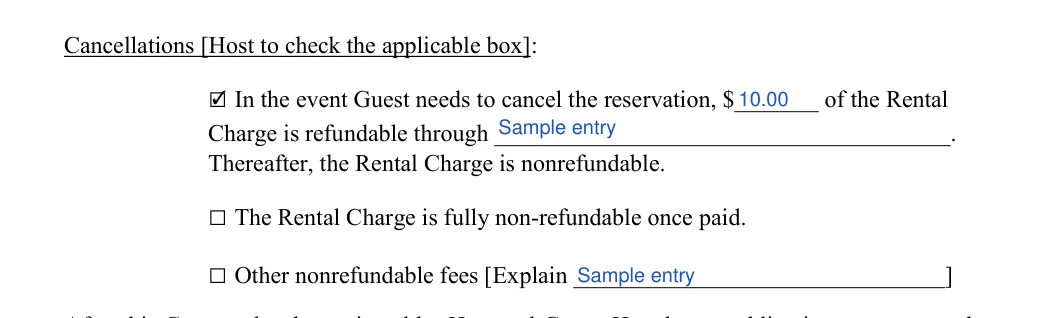 Short-Term Rental Agreement: Cancellations [Host to check the applicable box], filled with sample entries