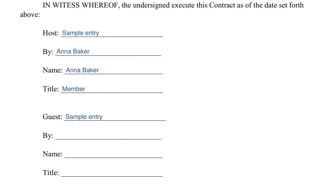 Short-Term Rental Agreement: above, filled with sample entries