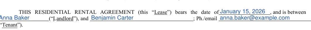 Simple One-page Rental Agreement: RESIDENTIAL RENTAL, filled with sample entries