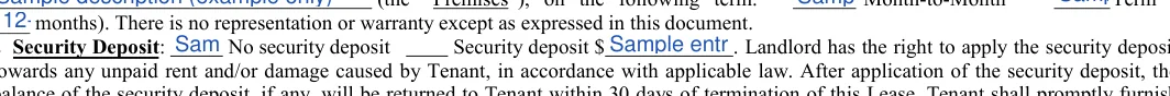 Simple One-page Rental Agreement: 2 Security Deposit, filled with sample entries