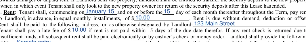 Simple One-page Rental Agreement: 3. Rent : Tenant shall, commencing on, filled with sample entries