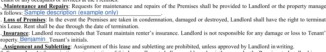 Simple One-page Rental Agreement: as follows, filled with sample entries