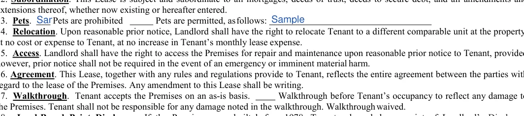 Simple One-page Rental Agreement: Pets are permitted, asfollows, filled with sample entries