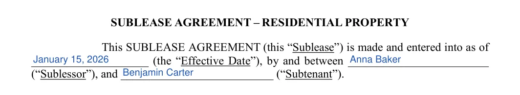 Sublease Agreement: SUBLEASE AGREEMENT – RESIDENTIAL PROPERTY, filled with sample entries