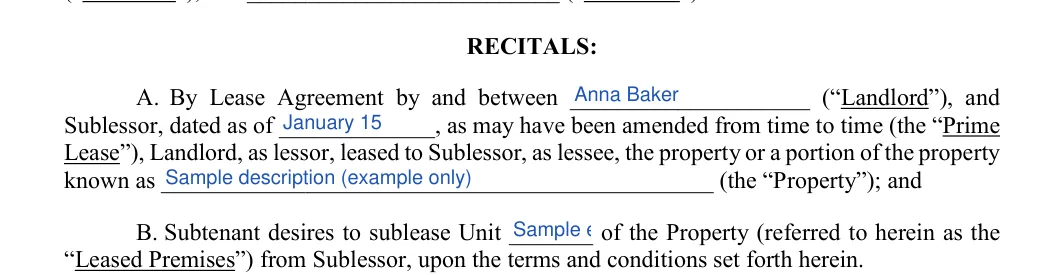Sublease Agreement: RECITALS, filled with sample entries