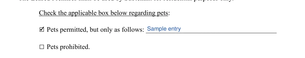 Sublease Agreement: Check the applicable box below regarding pets, filled with sample entries