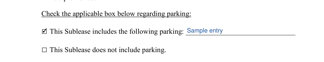 Sublease Agreement: Check the applicable box below regarding parking, filled with sample entries