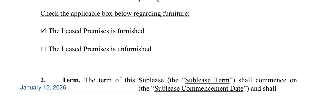 Sublease Agreement: Check the applicable box below regarding furniture, filled with sample entries
