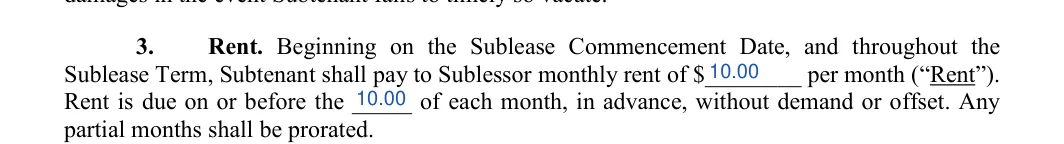 Sublease Agreement: Monthly rent, When is rent due, filled with sample entries
