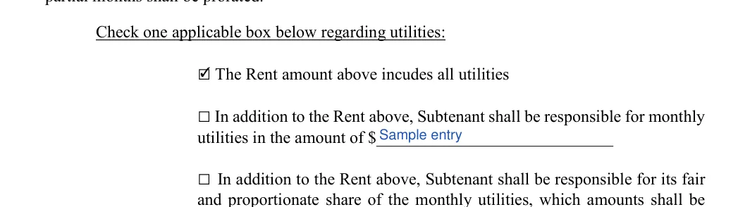 Sublease Agreement: Check one applicable box below regarding utilities, filled with sample entries