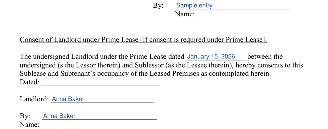 Sublease Agreement: Name, filled with sample entries