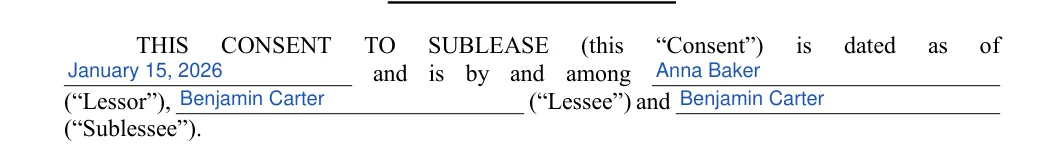 Landlord Consent to Sublease: CONSENT, filled with sample entries