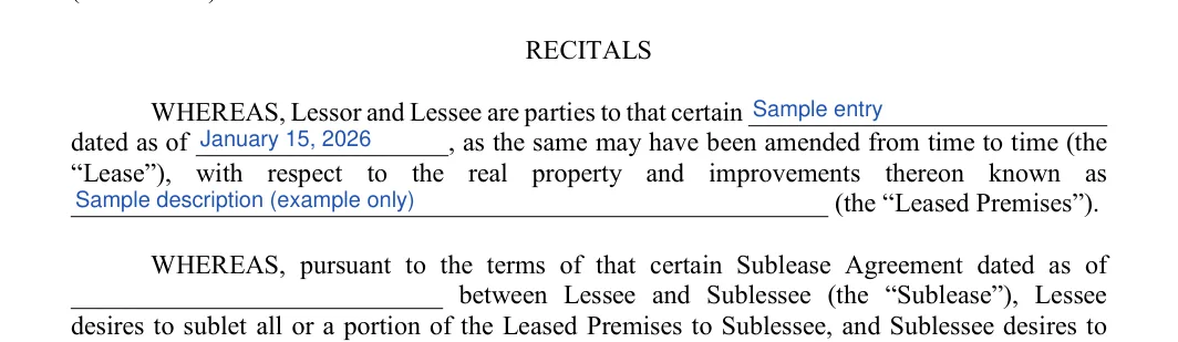 Landlord Consent to Sublease: RECITALS, filled with sample entries