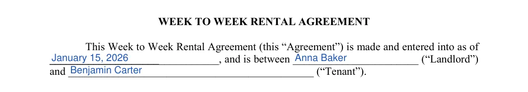 Weekly Rental Agreement: WEEK TO WEEK RENTAL AGREEMENT, filled with sample entries