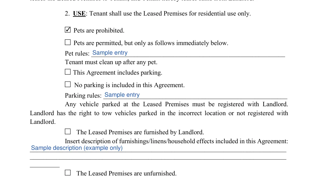 Weekly Rental Agreement: Initial, Pet rules and more, filled with sample entries