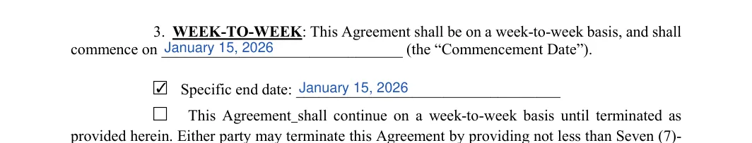 Weekly Rental Agreement: Commencement date, Initial and more, filled with sample entries