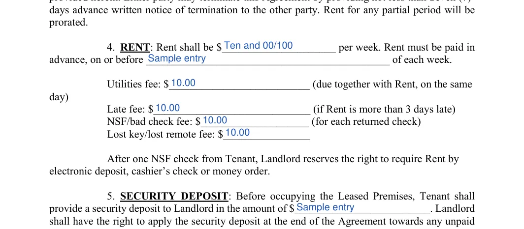 Weekly Rental Agreement: Sum, On or before (day) and more, filled with sample entries