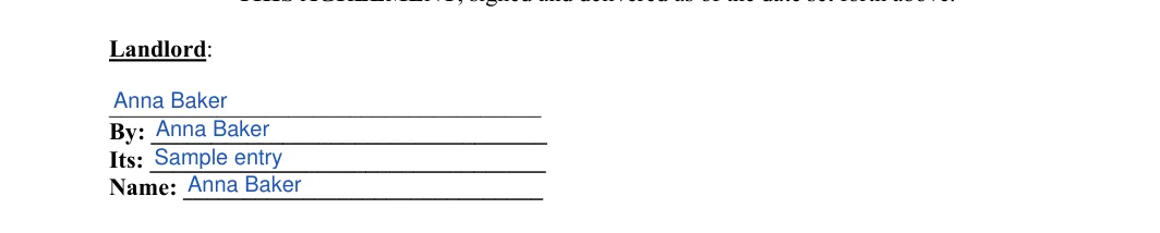 Weekly Rental Agreement: Landlord, filled with sample entries
