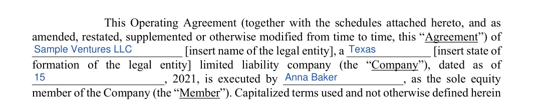 Single-Member LLC Operating Agreement: Name of the legal entity, State of formation of the legal entity and more, filled with sample entries