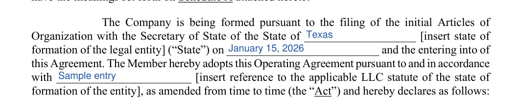 Single-Member LLC Operating Agreement: State of, Date and more, filled with sample entries